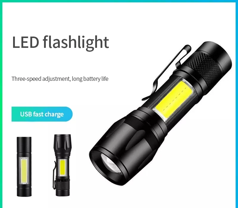 Tactical flashlight USB rechargeable camping flashlight COB Zoomable mini portable flashlight