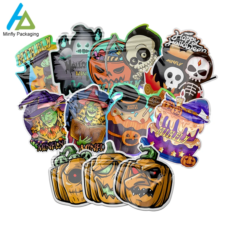 Eco Friendly Recycled Special Custom Shaped Die Cut 7 14 28 3.5g Gummies Childproof Halloween Aluminum Foil Candy Mylar Bag