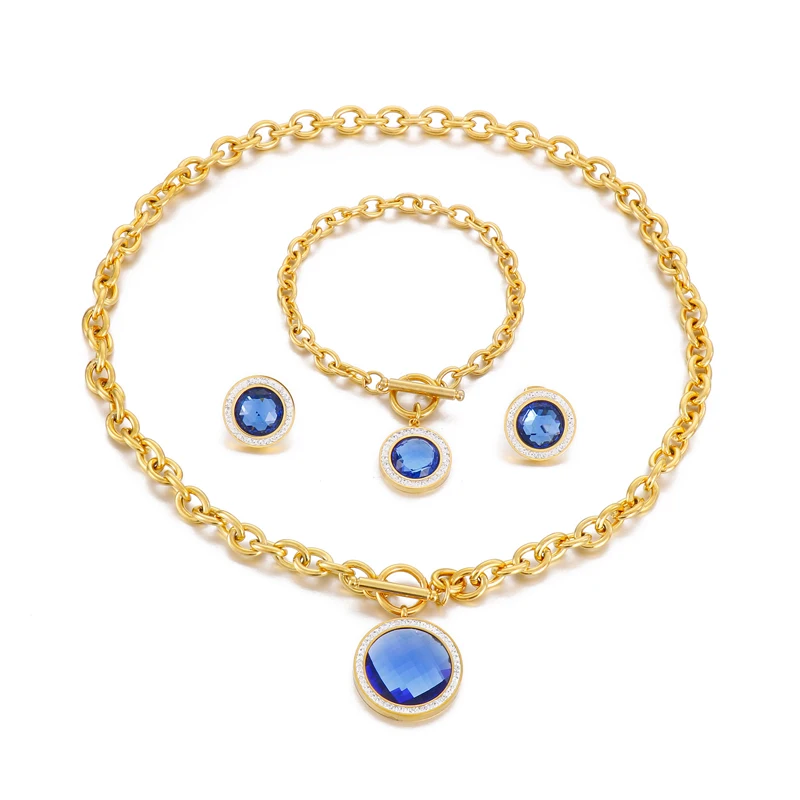 Kalen Fashion Rhinestone Blue Glass Pendant Set Gold Plated Earrings Bracelet Necklace Gift Women Stainless Steel Jewelry Sets