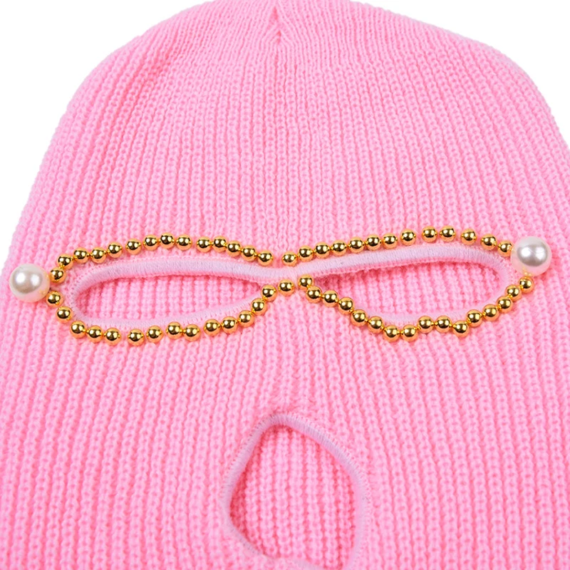Wholesale Girly skimask beanie multicolor crocheted ribbed neck Nail drill pearls logo neon balaclava 3 hole pink ski masks