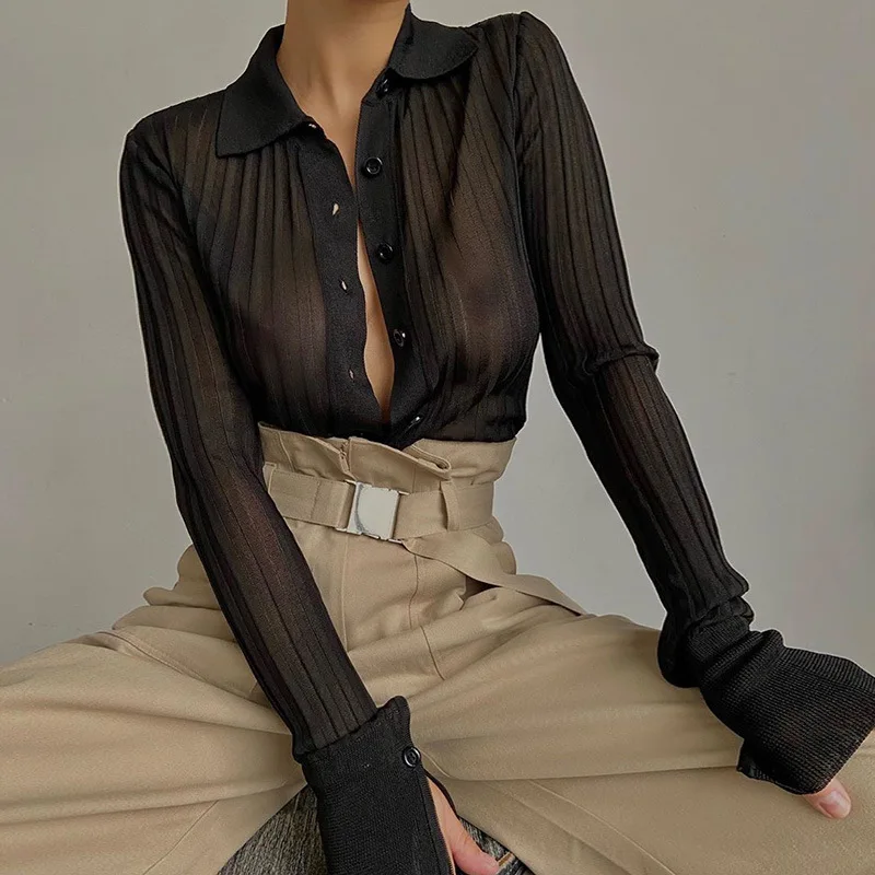 Fall 2023 women clothes long sleeve see through sexy tops fashion lapel women blouses