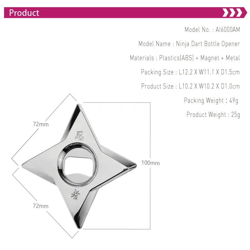 Factory Price Low MOQ Plastic Sliver Ninja Dart  Bottle Opener Magnet