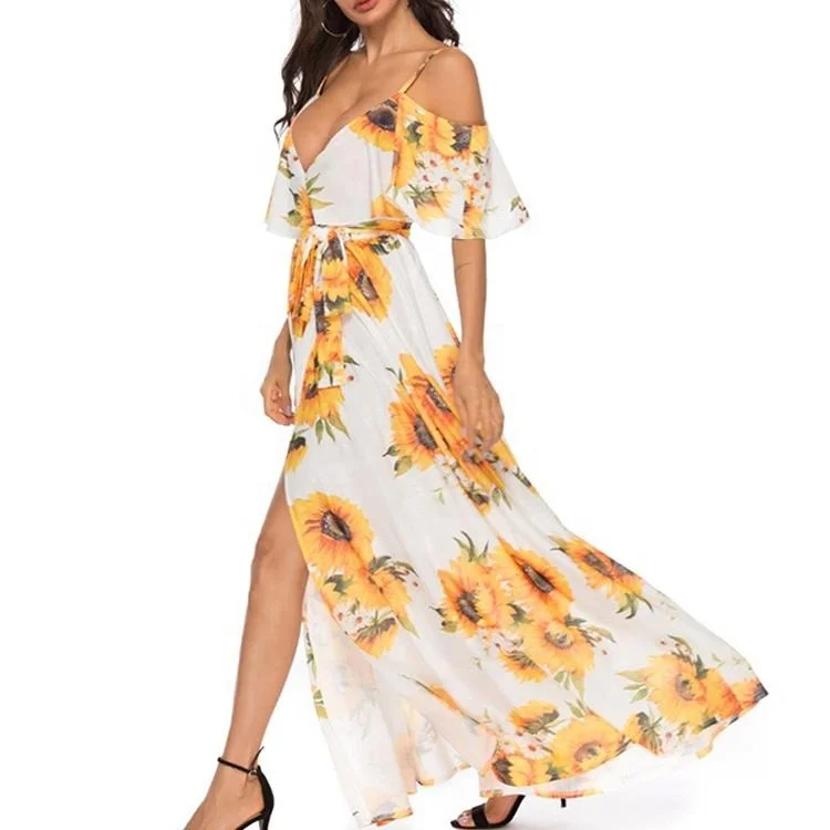 2023 Summer Fashion Floral Print Sunflower Lady Maxi Dress Cold Shoulder Split Women Sexy Long Beach Dress