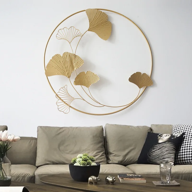 New Chinese style metal wall decoration living room sofa wall decoration pendant light luxury ginkgo leaf iron wall hanging
