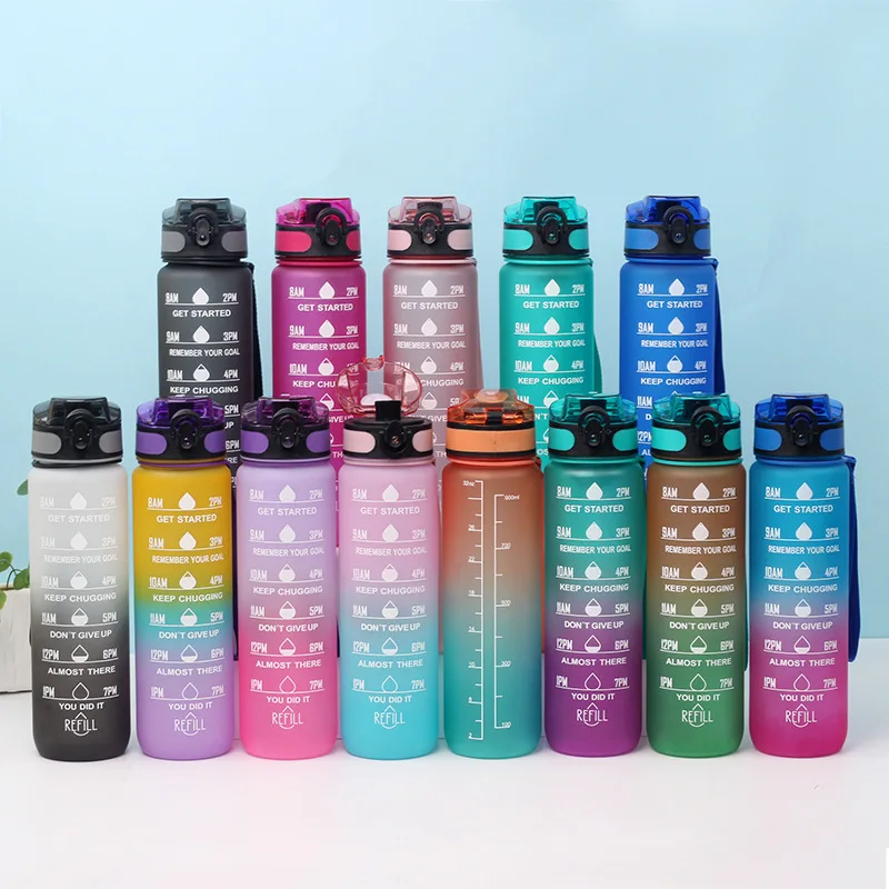 Plastic 32oz Sport Gym Motivational Bpa Free Drink Water Bottle With Time Marker Straw Strainer Flip Top Cover