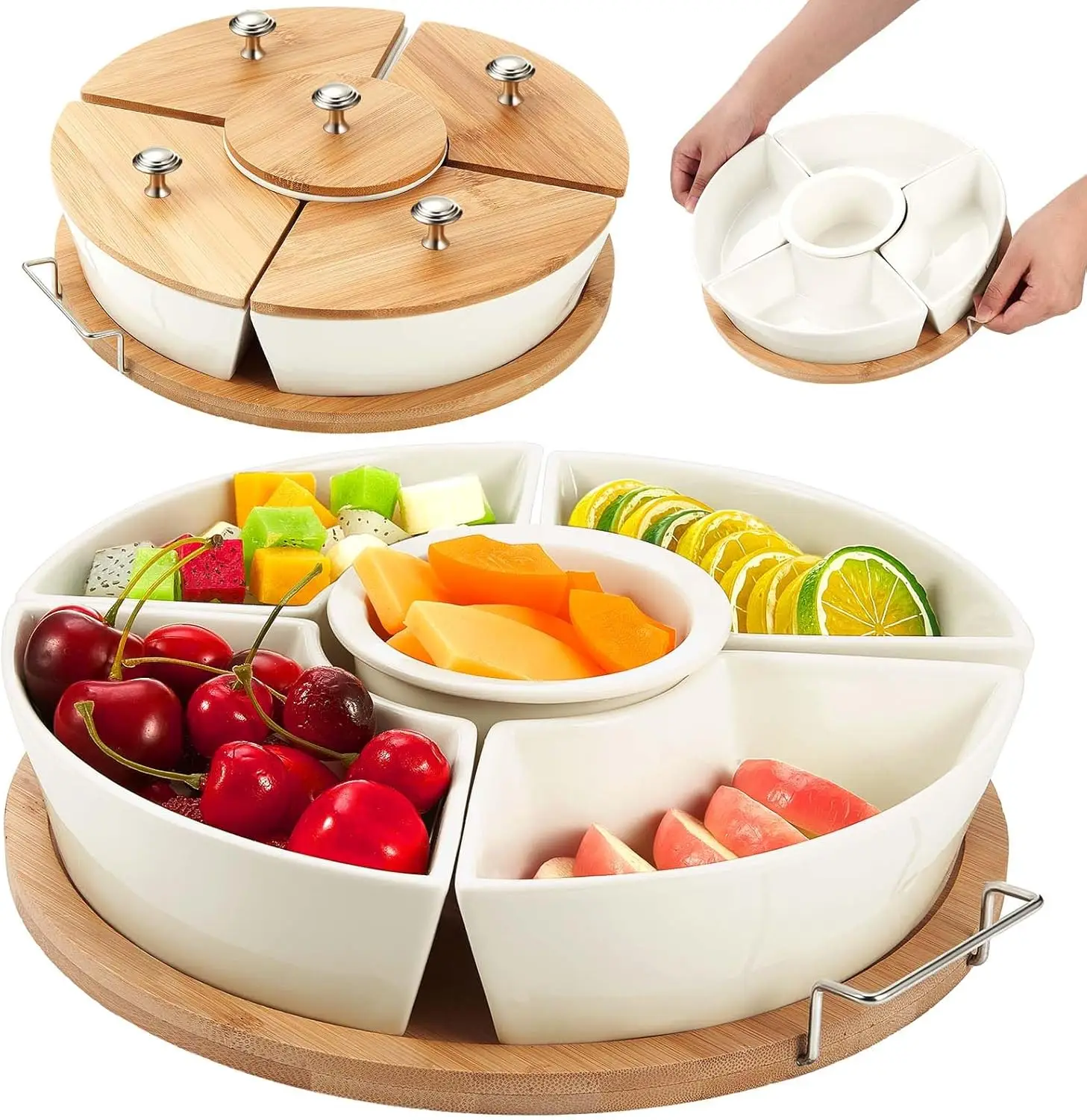 Wholesale Luxury Rotating Chip and Dip Divided Dishes 5 Removable Compartment Ceramic Set Lazy Susan Serving Tray