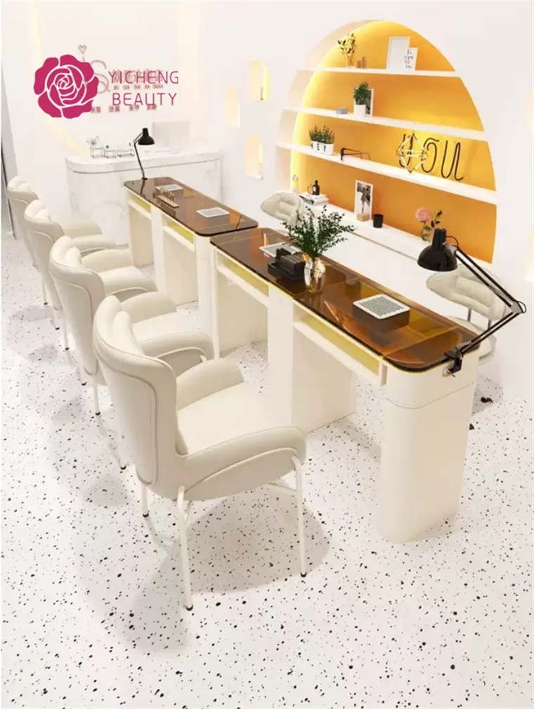 Yicheng Beauty Modern Nails Table Salon Manicure Furniture Glass Nail Tables and Chairs Sets With Dust Collector From China
