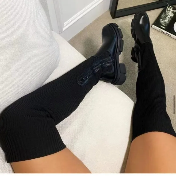 Black Flat Knitted Chunky Thigh High Boots Beige Stretch Over The Knee