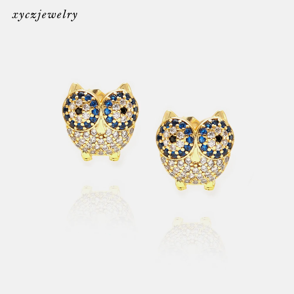 Lovely Animal Copper jewelry White Blue Zircon Owl Stud Earrings