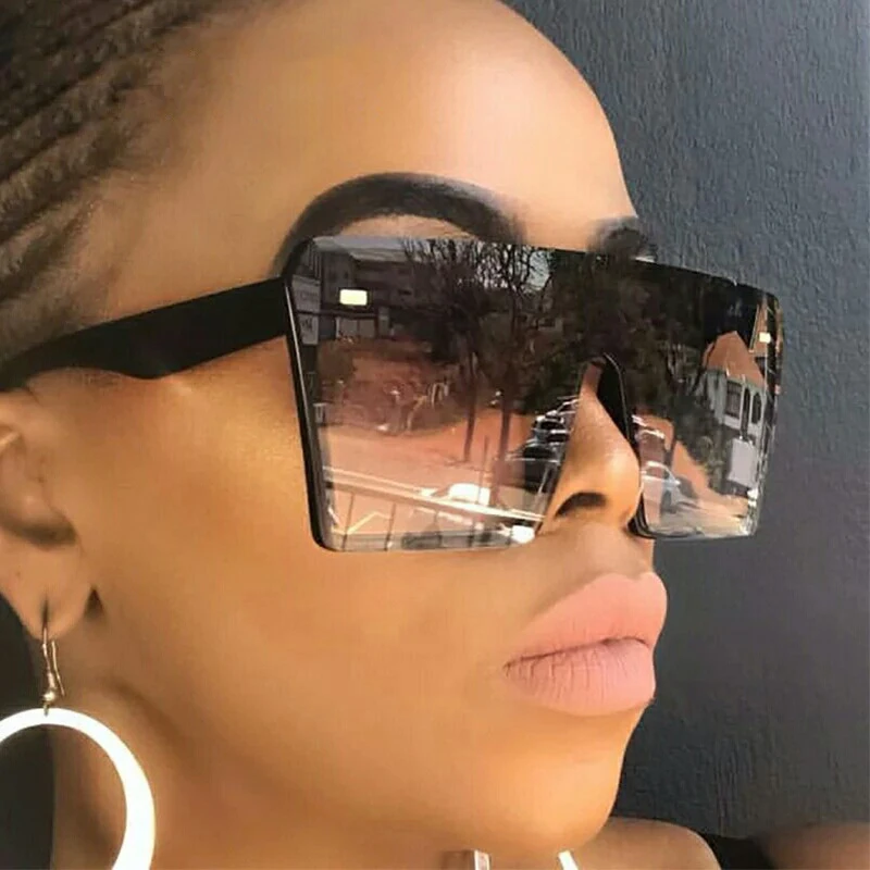 Square Sunglasses Women Oversized Flat Top Black Clear Lens One Piece Sun Glasses