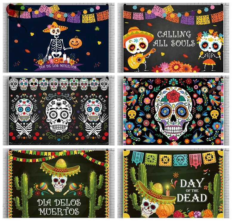 Day of The Dead Backdrop Mexican Fiesta Sugar Flowers Photography Background Fiesta Banner Decoration Photo Booth Studio KD930