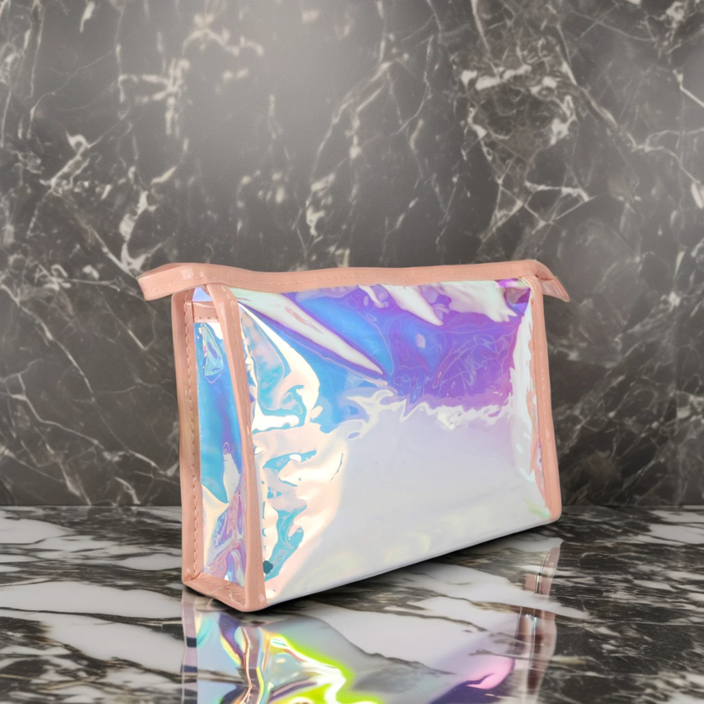 Fashionable Travel Makeup Pouch Light and Colorful PVC Beauty Cosmetic Bag with Pink Clear Makeup Pouch and Zipper Closure