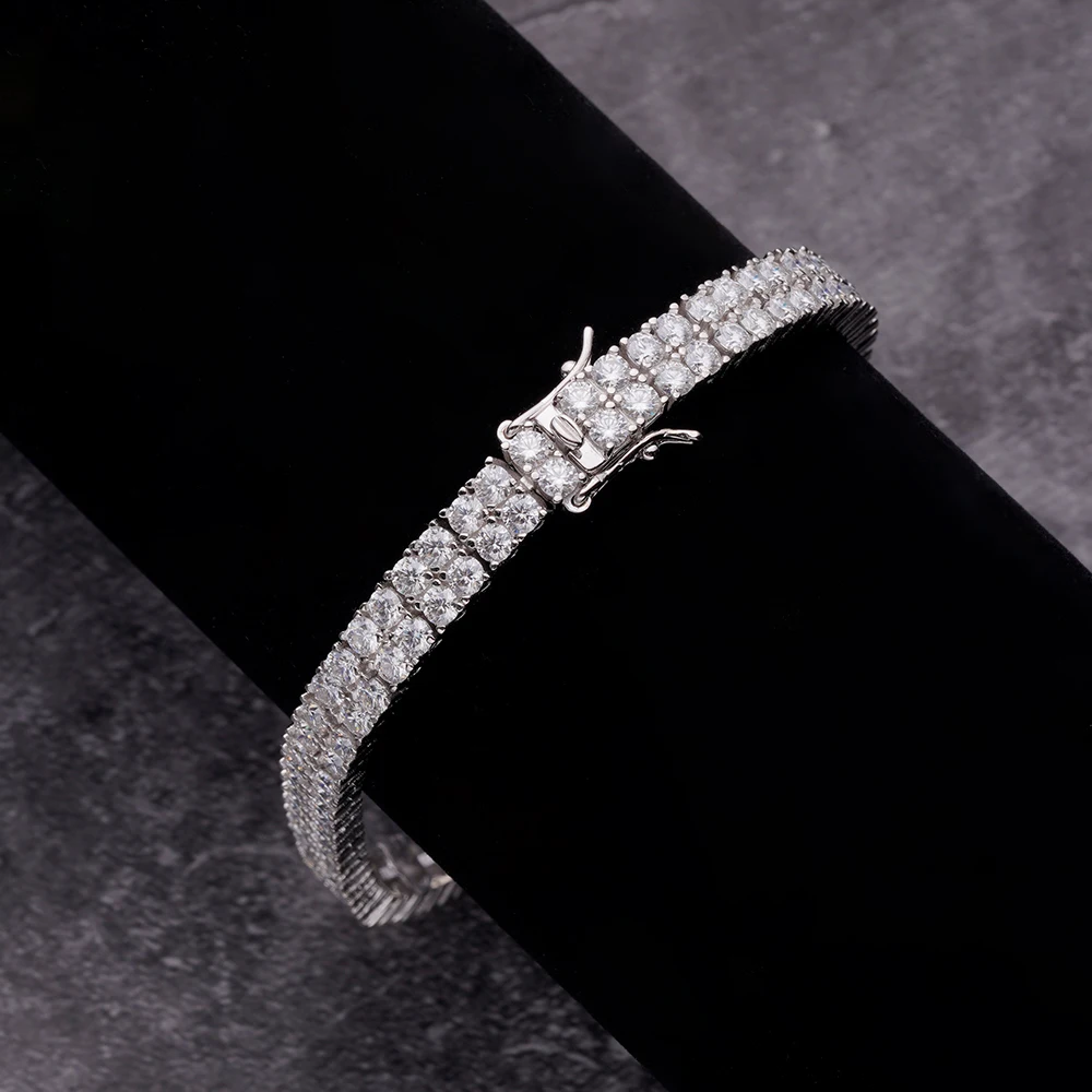 Classical Hiphop Two Rows Prong Set Ice Out Zircon Diamond Rhodium Gold Plated 925 Silver Tennis Chain Bracelets