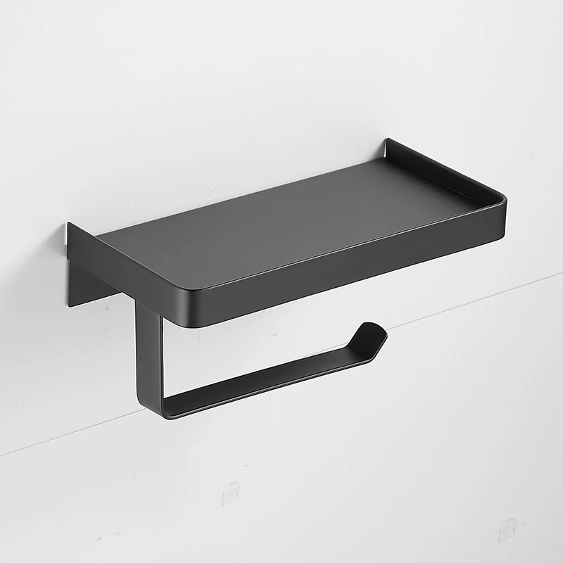 Toilet Tissue Paper Holder with Mobile Phone Storage Shelf Black SUS304 Stainless Steel Screw Wall Mounted Shelf