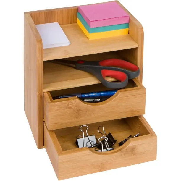 Mini Office Supply Desk Storage Accessories Convenient Portable Bamboo Wood Desktop Table Organizer With Small