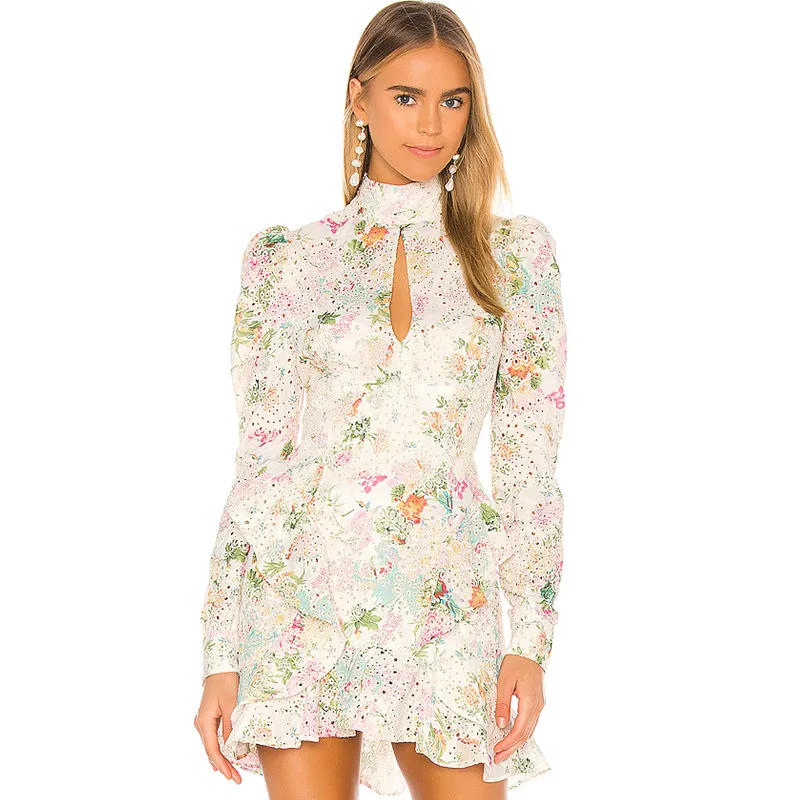 Long Sleeve Women Cotton Floral Embroidery Mini Dress Hollow-out Neck Women Sexy Dress