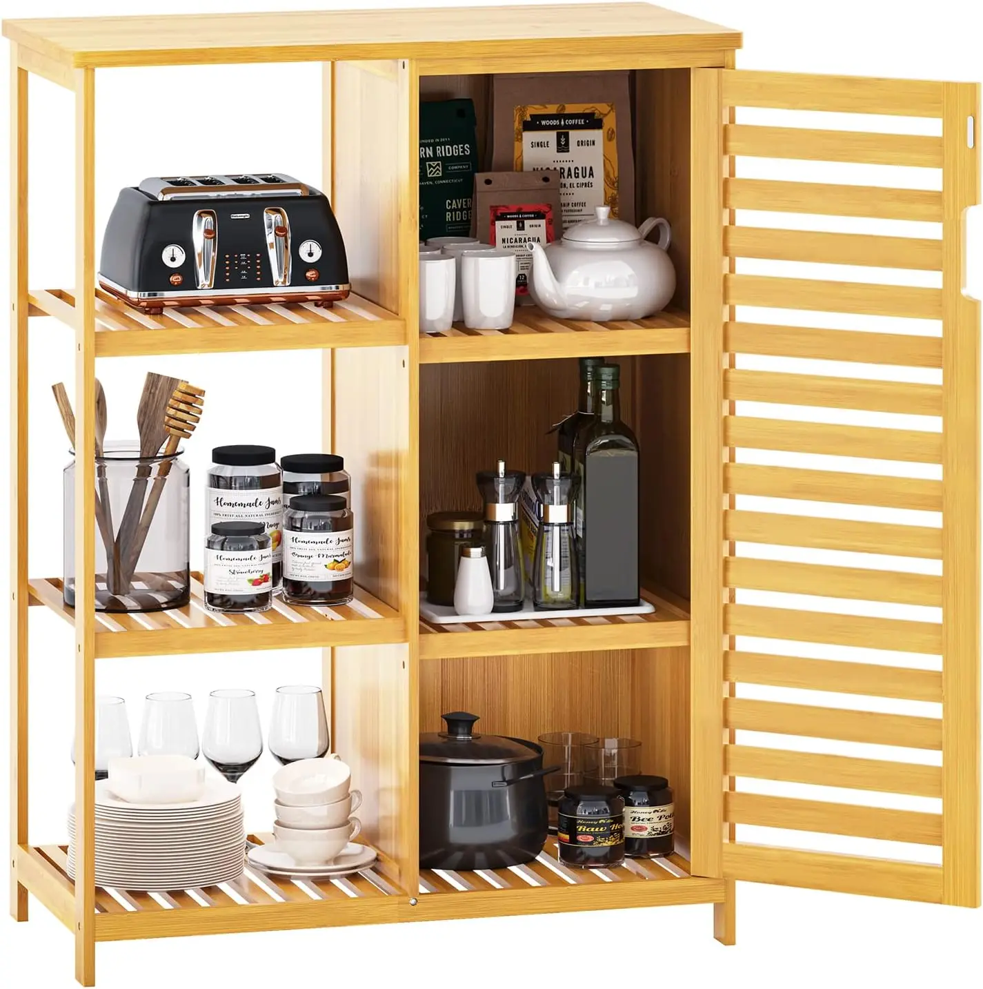 Bathroom Natural Free Standing Bamboo Floor Storage Cabinet Rack With Shutter Door And Shelf For Bathroom Living Room