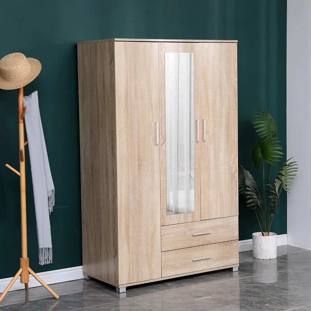 Hot Sale Modern Cheapest Wardrobe Simple  Wooden  3 door wardrobe with 2 drawers  Closet With Mirror