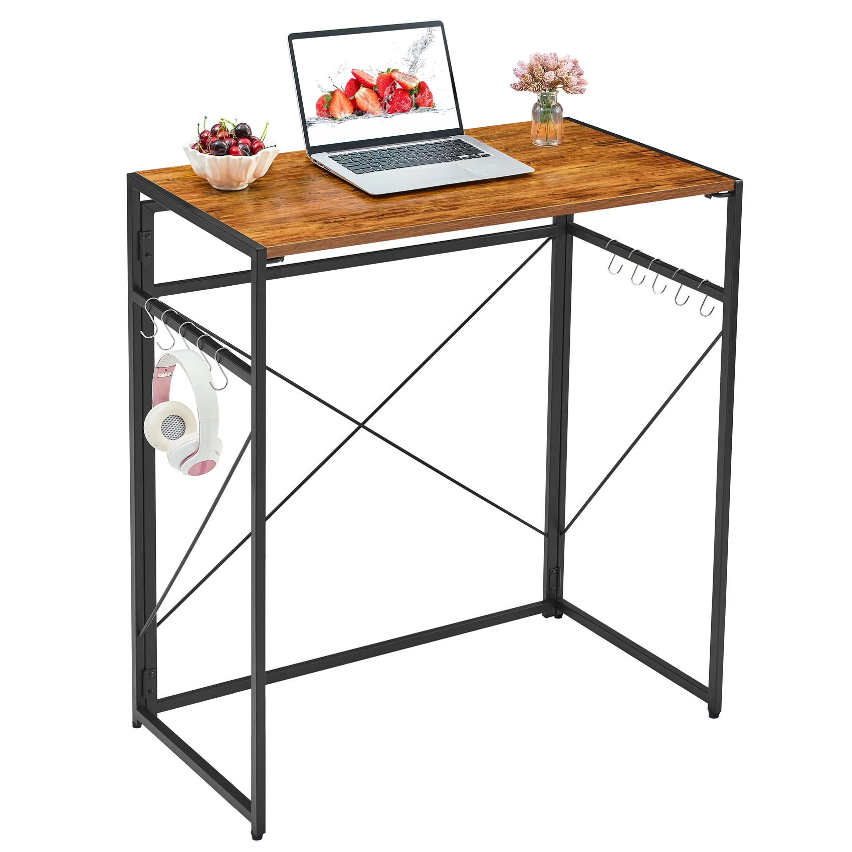 
Modern Wooden Folding Computer Desk Home PC Laptop Table Study Tabl with 10 Hooks, Foldable Metal Frame and writing Workstation Laptop Table for Home Office 
