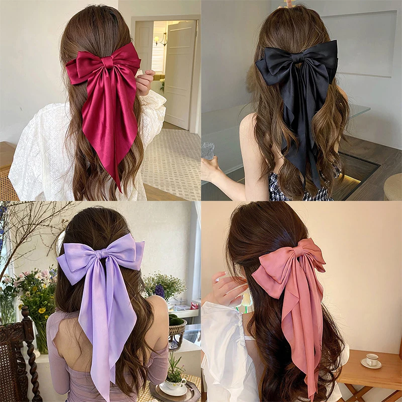 2024 top ranking hair accessories silky satin spring summer solid long tail bows clip hairpin