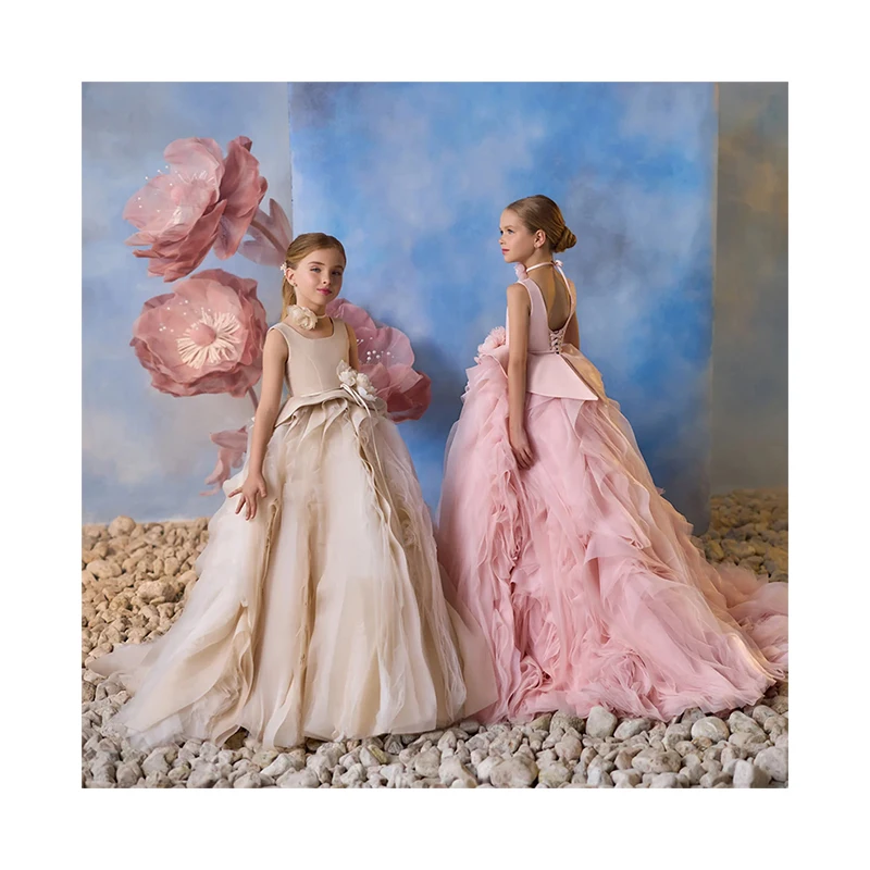 Solid Color Custom Ruffle Flowers Sleeveless Irregular Kids Luxury Flower Girls Dresses Birthday Party Princess Dress For Girl