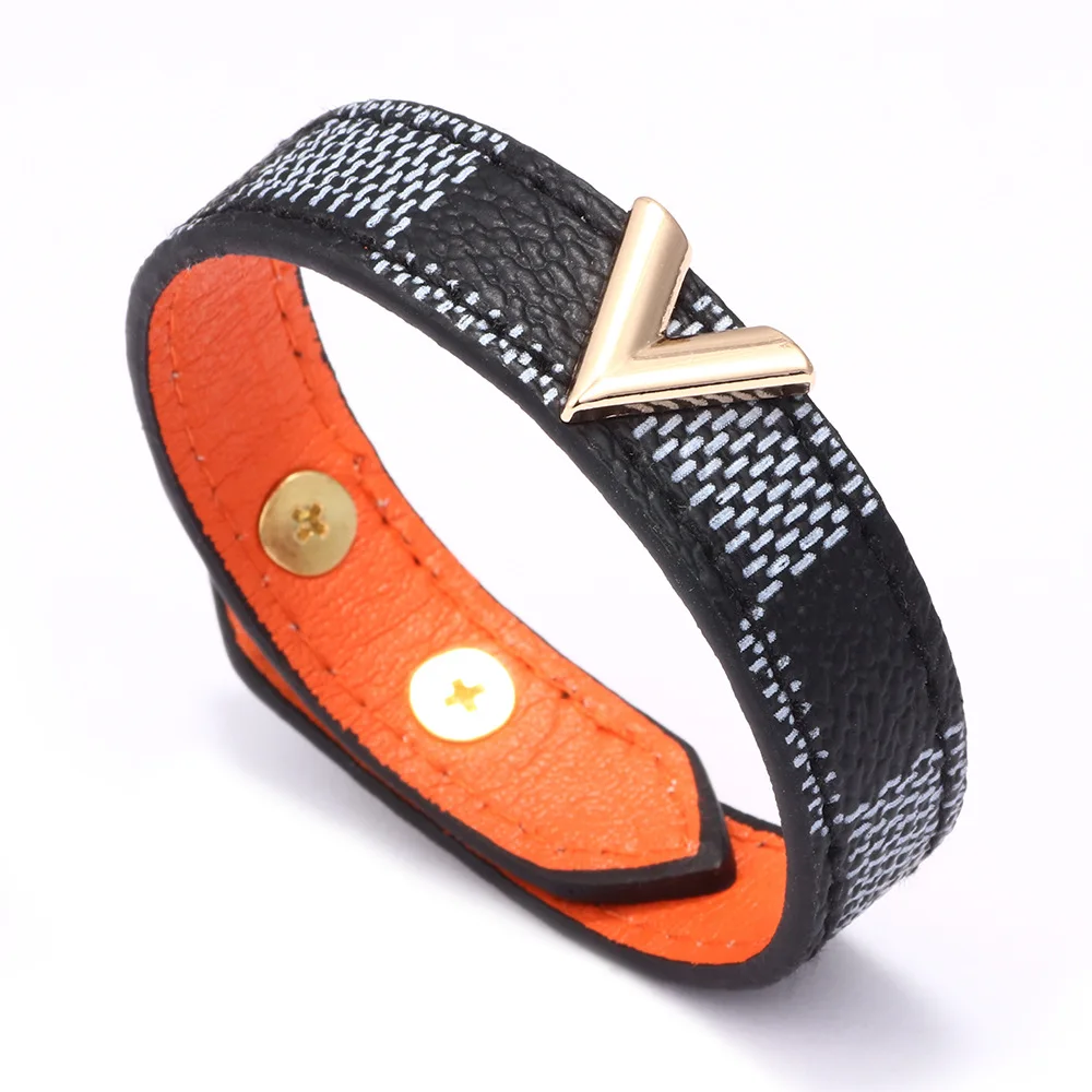 High Quality Luxury Branded Brown Golden V Bangle Bracelet Pu Leather Essential V Monogram Bracelet V Slim Bracelet