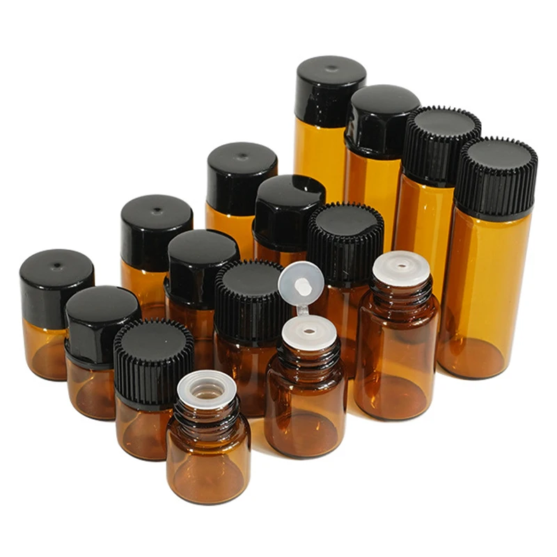2 ML Small Sample Amber Glass Vials Essential Oil Bottles With Orifice Reducers For Oil Blends, Perfumes, Lab Chemicals