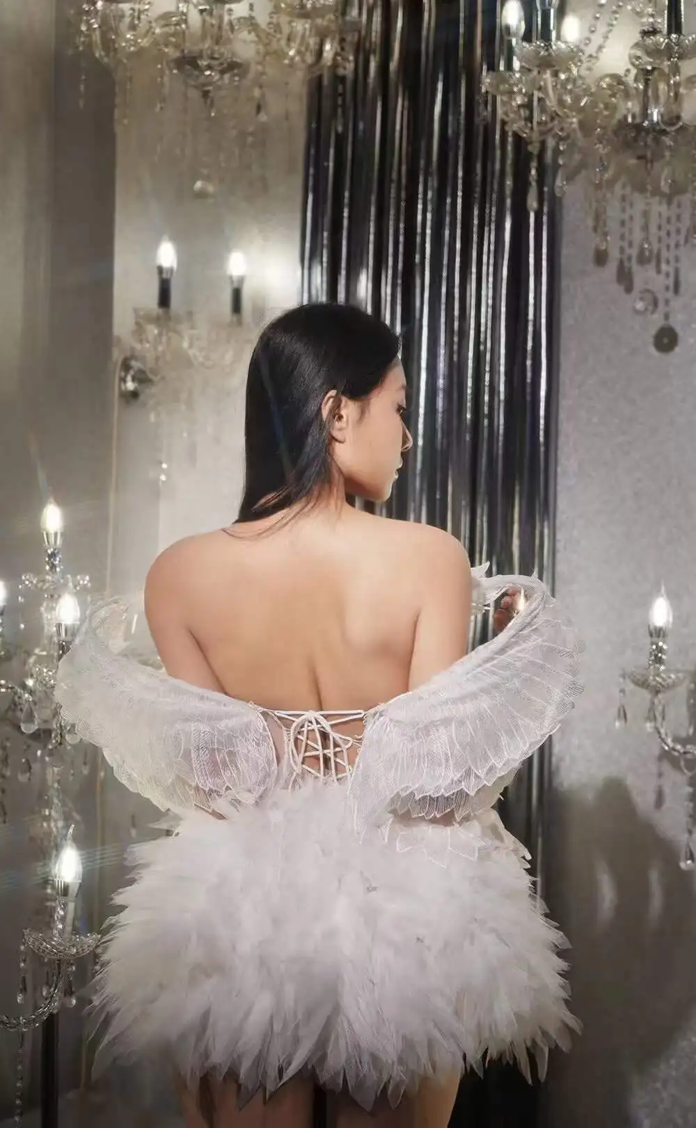 Ocstrade Ladies Romantic Performance Dress Club Off The Shoulder Backless Feather Mini Party Dress With Wings