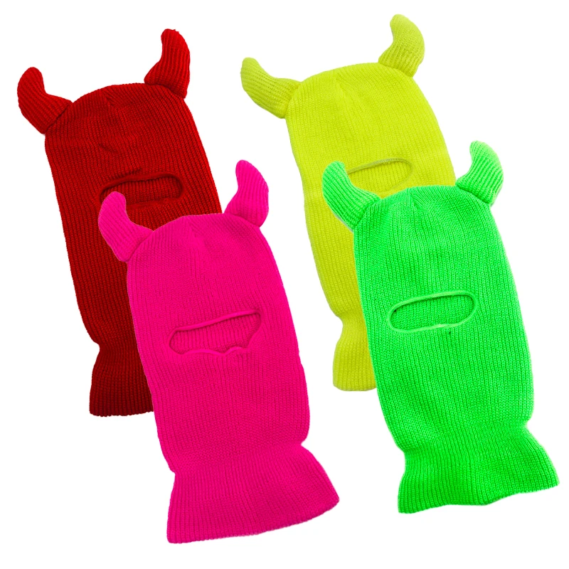 Winter Crochet Acrylic Knitted Funny Custom Balaclava Ski Mask Skimask Hat With Horns Ears For Men Women