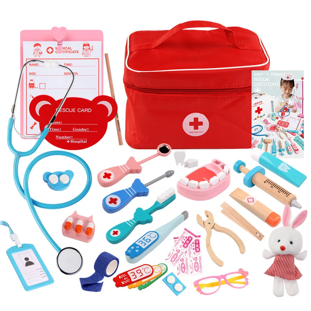 Doctor Toys for Children Set Kids Wooden Pretend Play Kit Games for Girls Boys Red Medical Dentist Medicine Box Cloth Bags