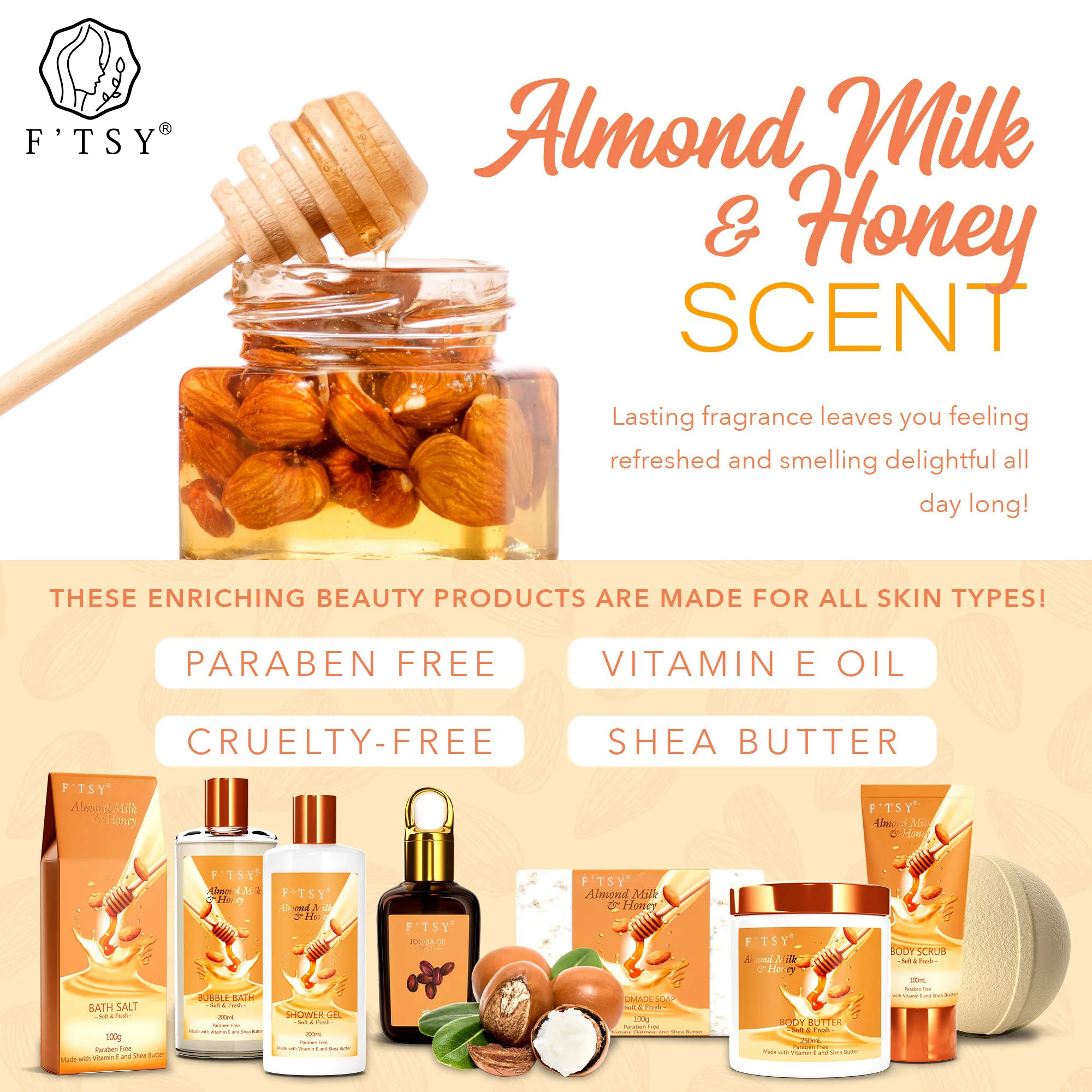 OEM/ODM  Almond Milk Honey Spa Kit Christmas Bath Gift Set Shower Gel Bath Bomb Bubble Bath Body Scrub Salts Body Butter Jojoba