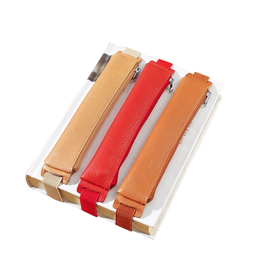 AIGUONIU Genuine Leather Pens Wallet Pencil Case Cowhide Zipper Pen Pouch With Elastic Band Can Use as Bookmark