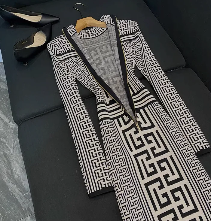 2024 Newest Designed Geometric Pattern Spring Lady Long Sleeve Stand Collar Slim Fitted Women Knit Short Dress