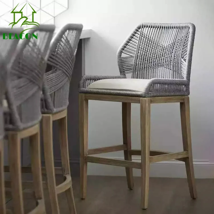 Out door solid wood bar chair teak nordic minimalist dining kitchen counter height bar stool chair for restaurant club