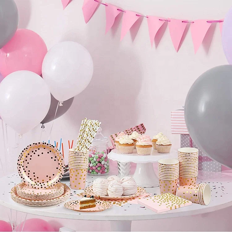 2022 disposable pink gold dot tablecover paper cups paper plates paper straw napkins party tableware set with custom packing