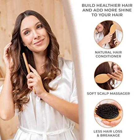 100% Pure Boar Bristle Hair Brush Wooden Handle Straightening Comb Short Brush Promote Healthy Hair and Scalp Reduce Hair Loss