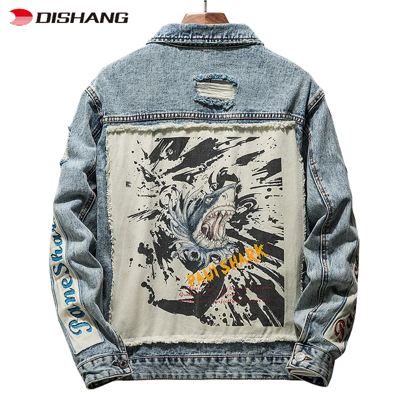 High Quality Fashion Trend Retro Style Print Ripped Loose Jacket Denim Jacket Plus Size Men