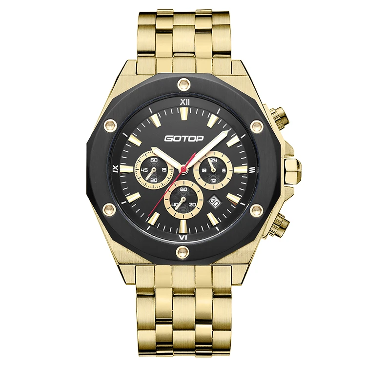 Top Brand Fashion Stainless Waterproof Three Time Zone Staps Big Gold Pop it Luxury Golden Watch for Men