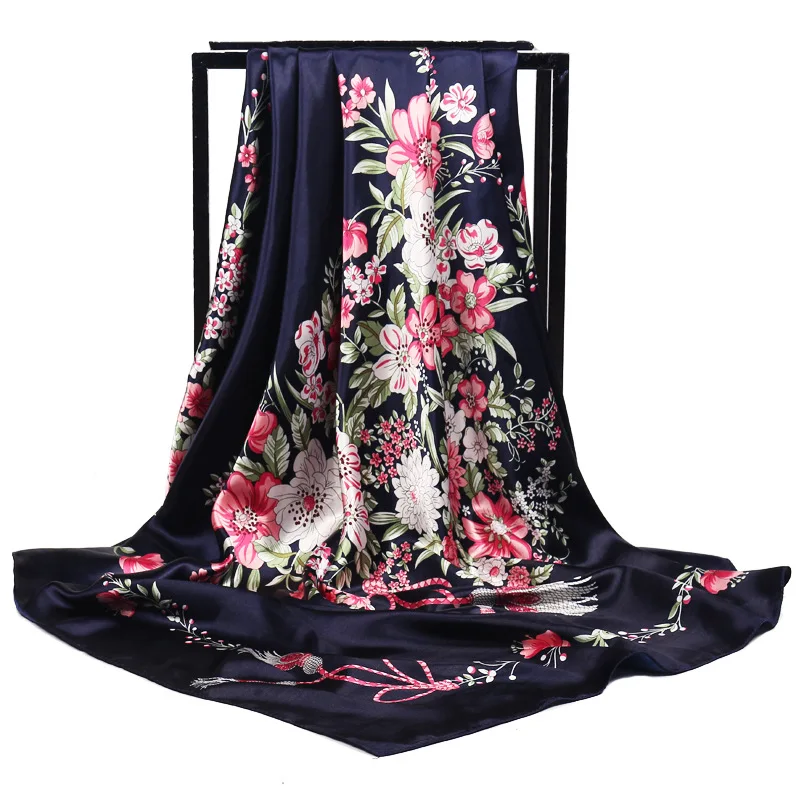 Spring and summer new imitation silk satin large square scarf elegant ladies plant flowers bow scarf