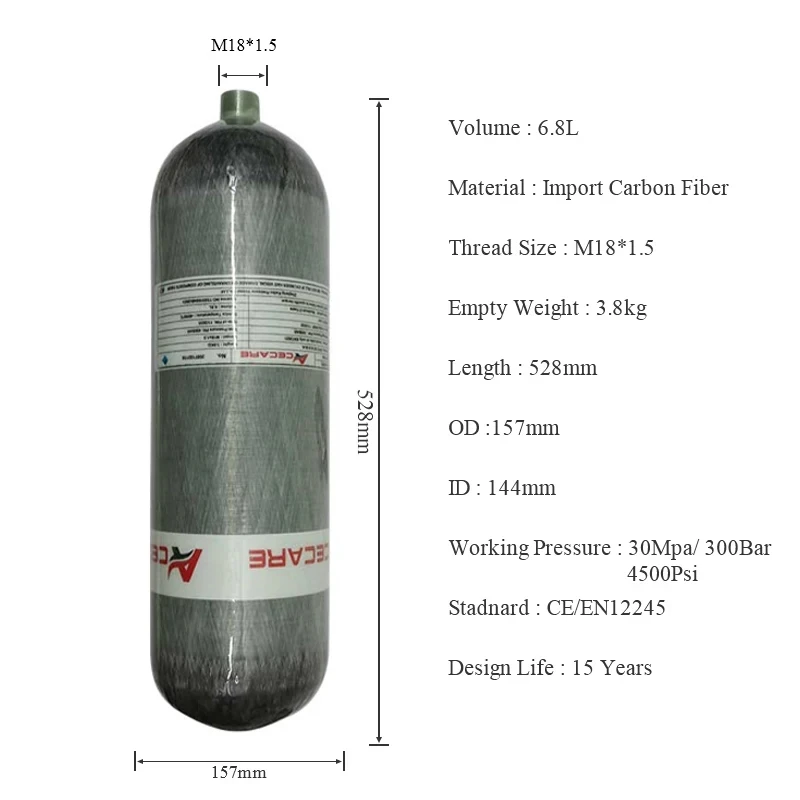 Acecare 6.8L CE Carbon Fiber Cylinder 300Bar 4500Psi Composite Air Tank for Paintball SCUBA SCBA EEBD Breathing
