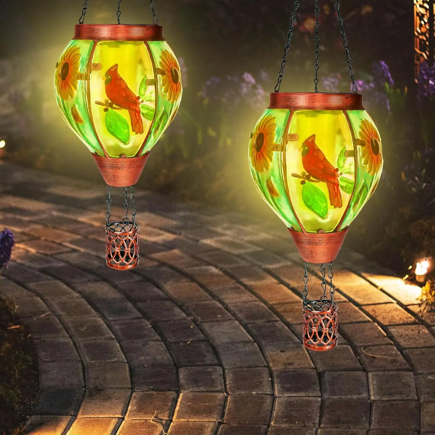 Solar Hot Air Balloon Lantern with Flame Cardinal Glass Outdoor Garden Hanging Solar Lights