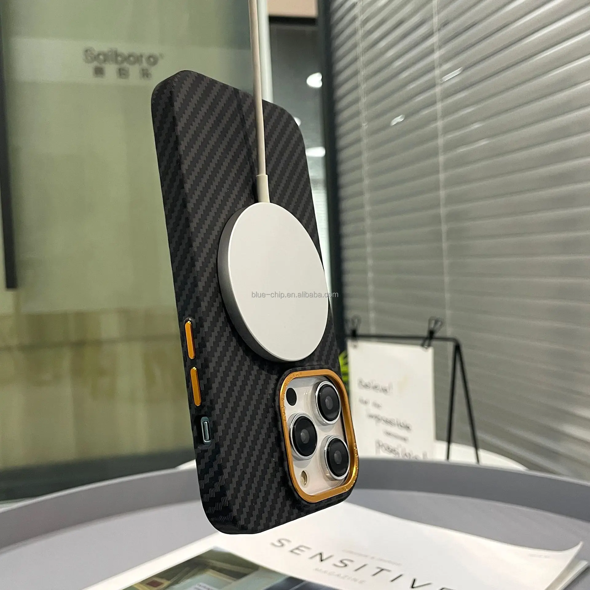 Hardware Carbon Fiber Wireless Charging Anti-fall Metal Button Phone Case with Metal Camera Frame for Iphone 12 13 14 15Pro Max