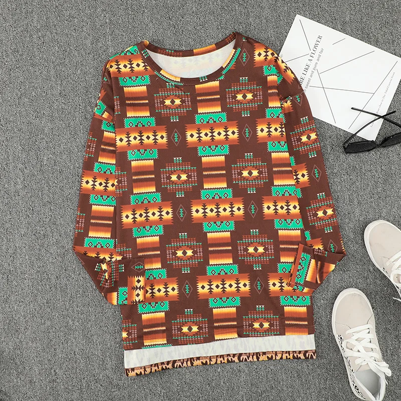 2021 Trendy Tribal Leopard Patchwork Side Split Women Tops Crew Neck Aztec Pullover