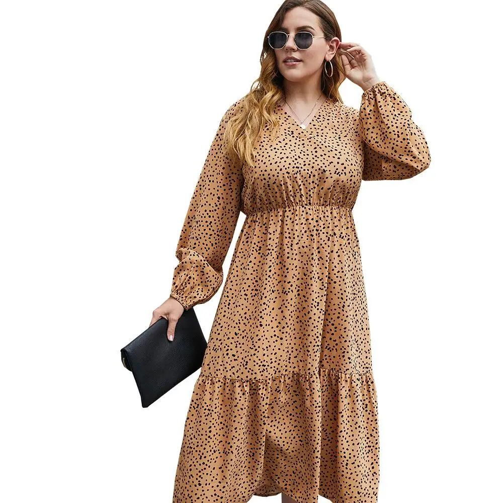 
New fashion leisure loose literature and art light mature sty multi color pleated hem long sleeve V-neck A-line dress 