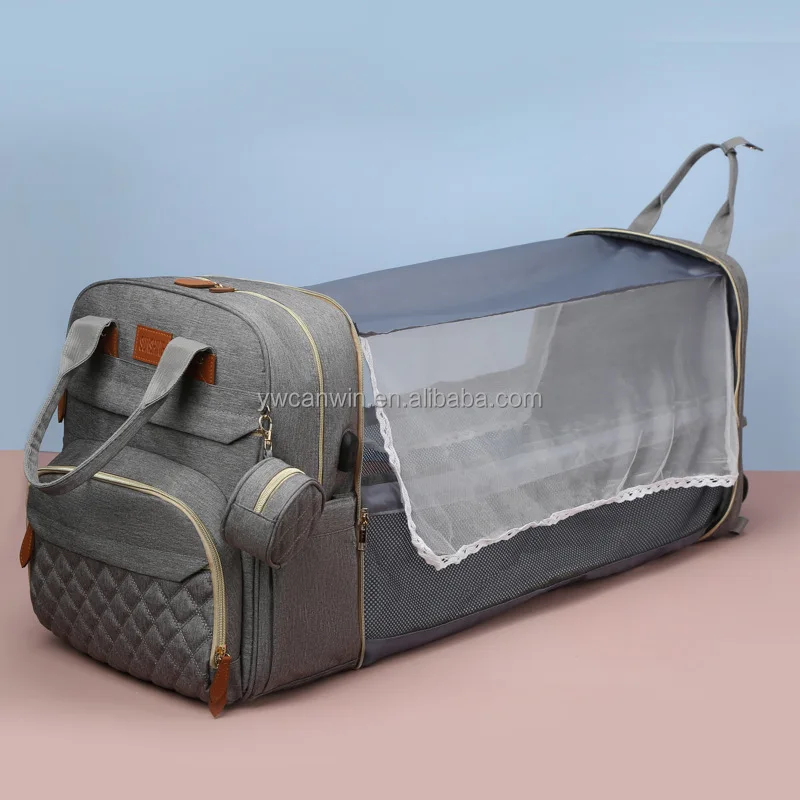 Diaper Mummy Bag Backpack with Folding Crib Diapers Changing Station with Sunshade Mosquito Net Foldable Baby Bed