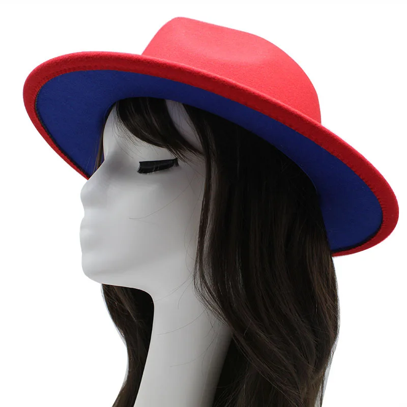 Mens & Womens Black and Red Wide Brim Fedora Hat with Belt Buckle Band Two Tone Felt Panama Hat