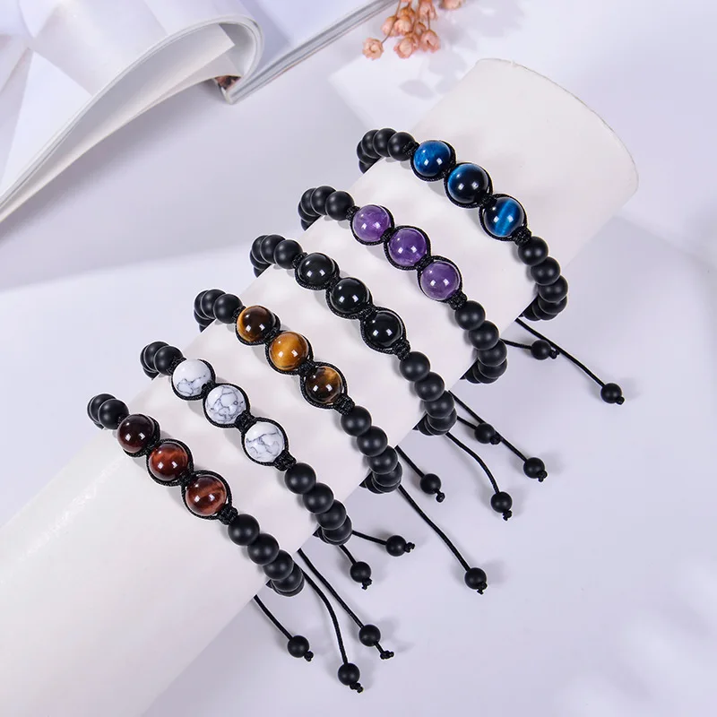 Tiger Eye Stone Pendant Necklace Bracelet Natural Amethyst Jewelry Set Adjustable for Men and Women