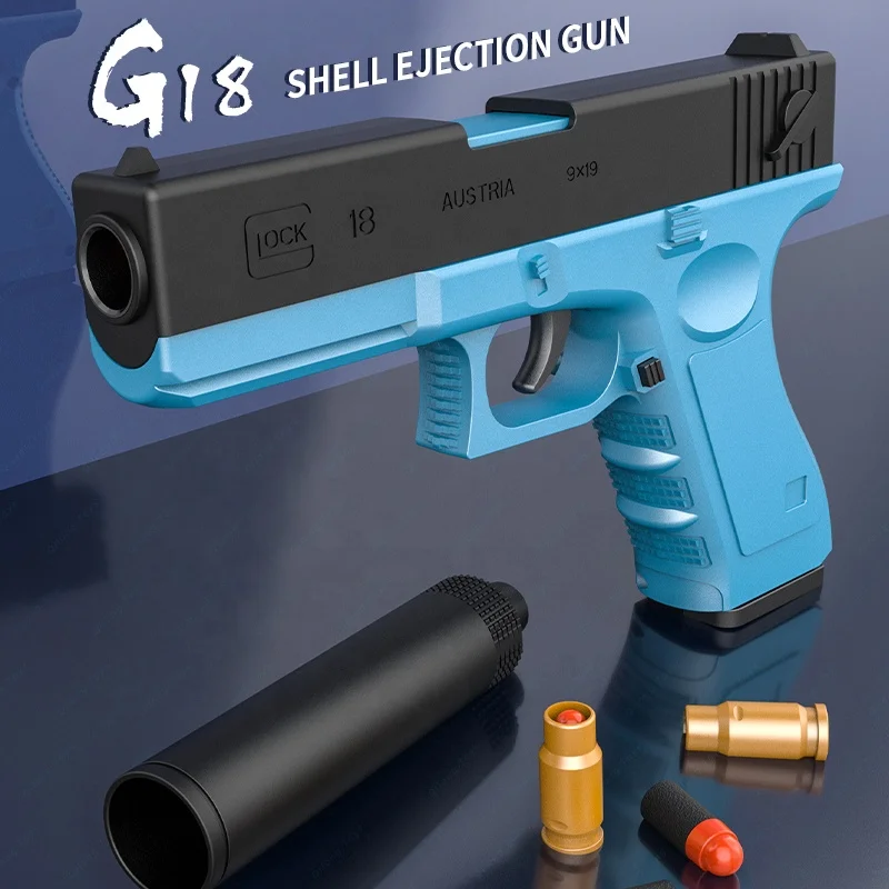 Qilong 2022 New Outdoor Indoor Foam Bullets Gun Toy G18 Shell Ejection Super Gun With Suppressor Pistol Manual Toy Guns For Boys