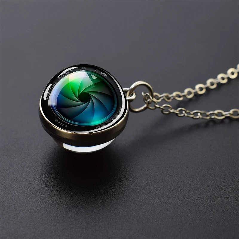 Camera Pattern Double Sided Glass Ball Pendant Necklace Interesting Globular Necklace Silver Collar Chain
