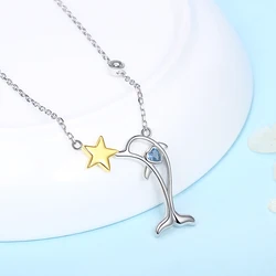 925 Sterling silver blue zircon pave cute animal dolphin star pendant necklace for women gift
